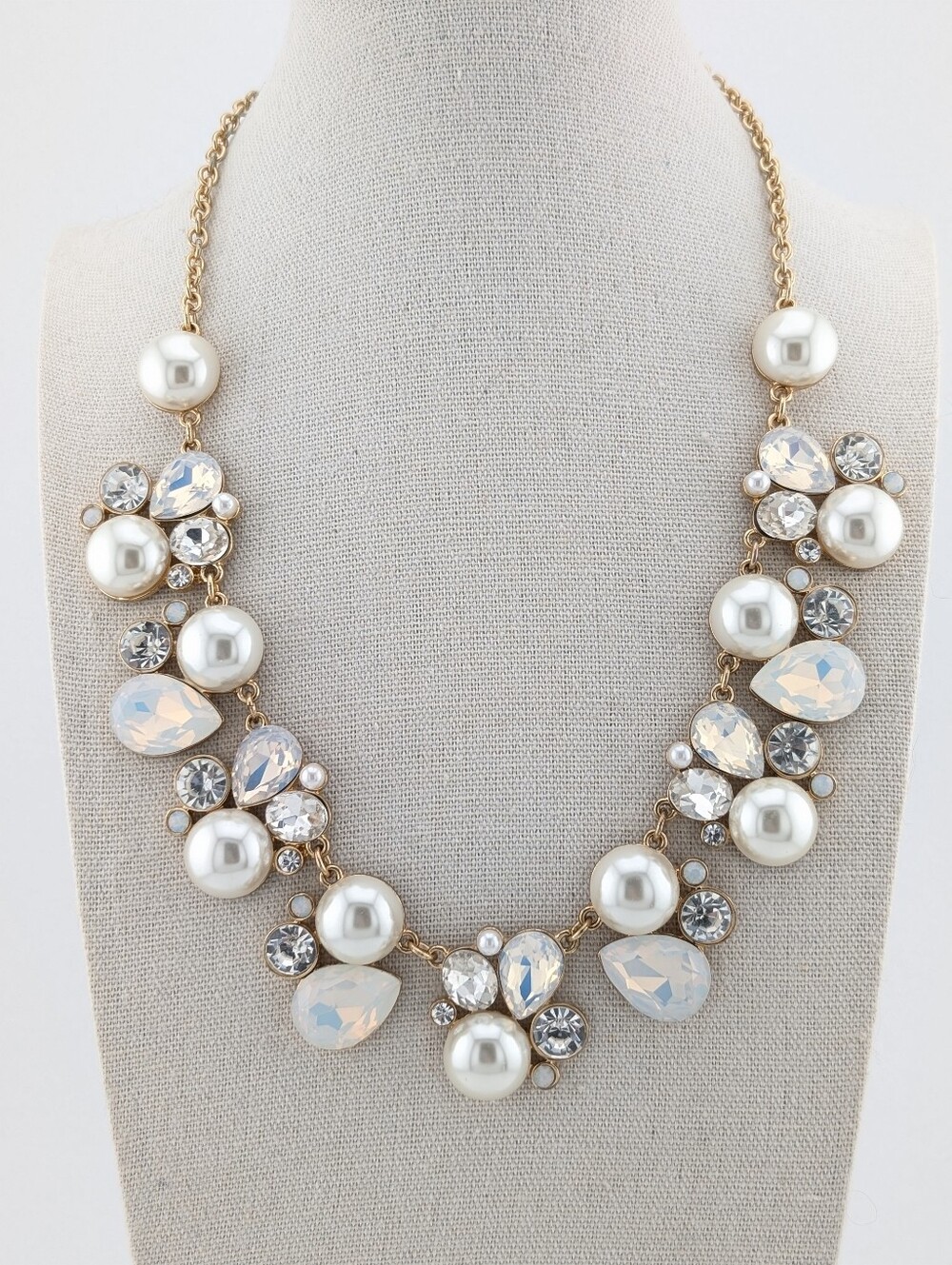 Y2K Gold, Pearl, Crystal, White Statement Bib Necklace - Chunky Estate Jewelry
